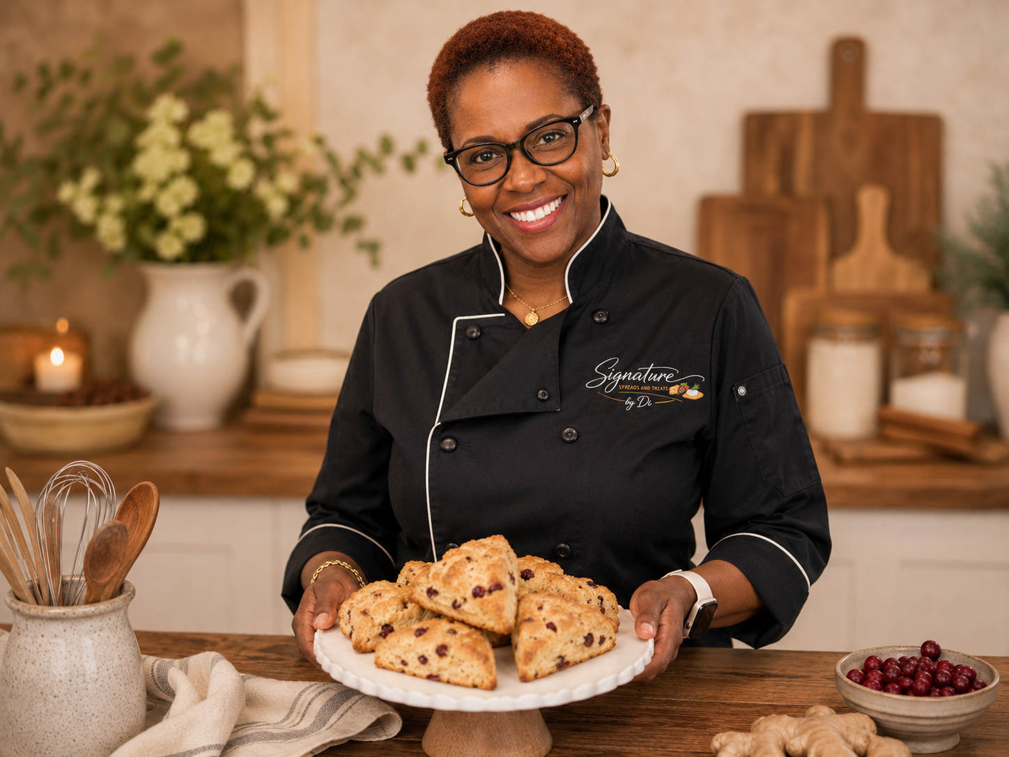 Di smiling in her kitchen with a handcrafted grazing platter