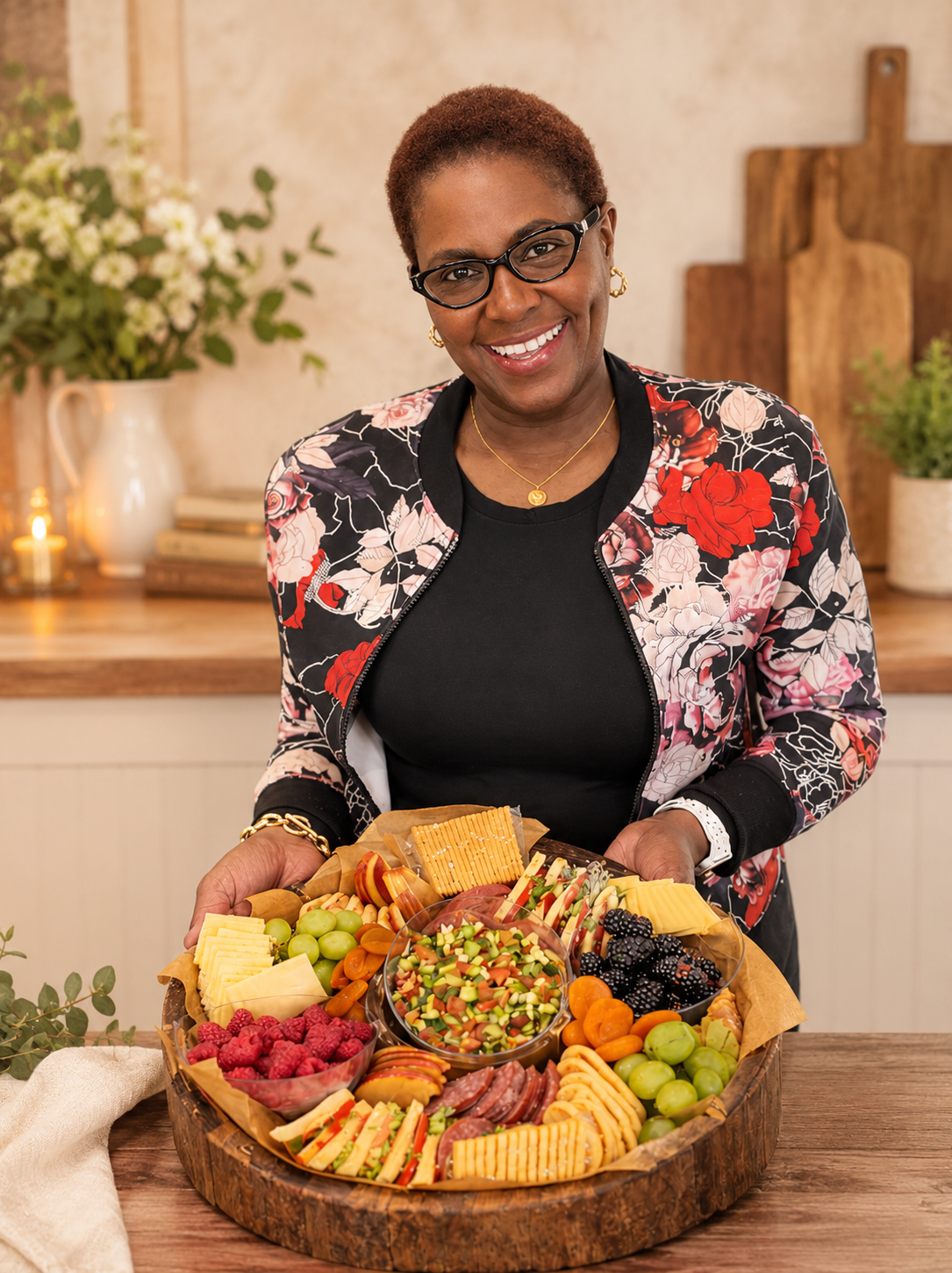 Di smiling in her kitchen while presenting a handcrafted grazing platter