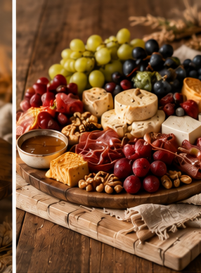 Artisan grazing platter with fruit, cheese, crackers, and savory accompaniments