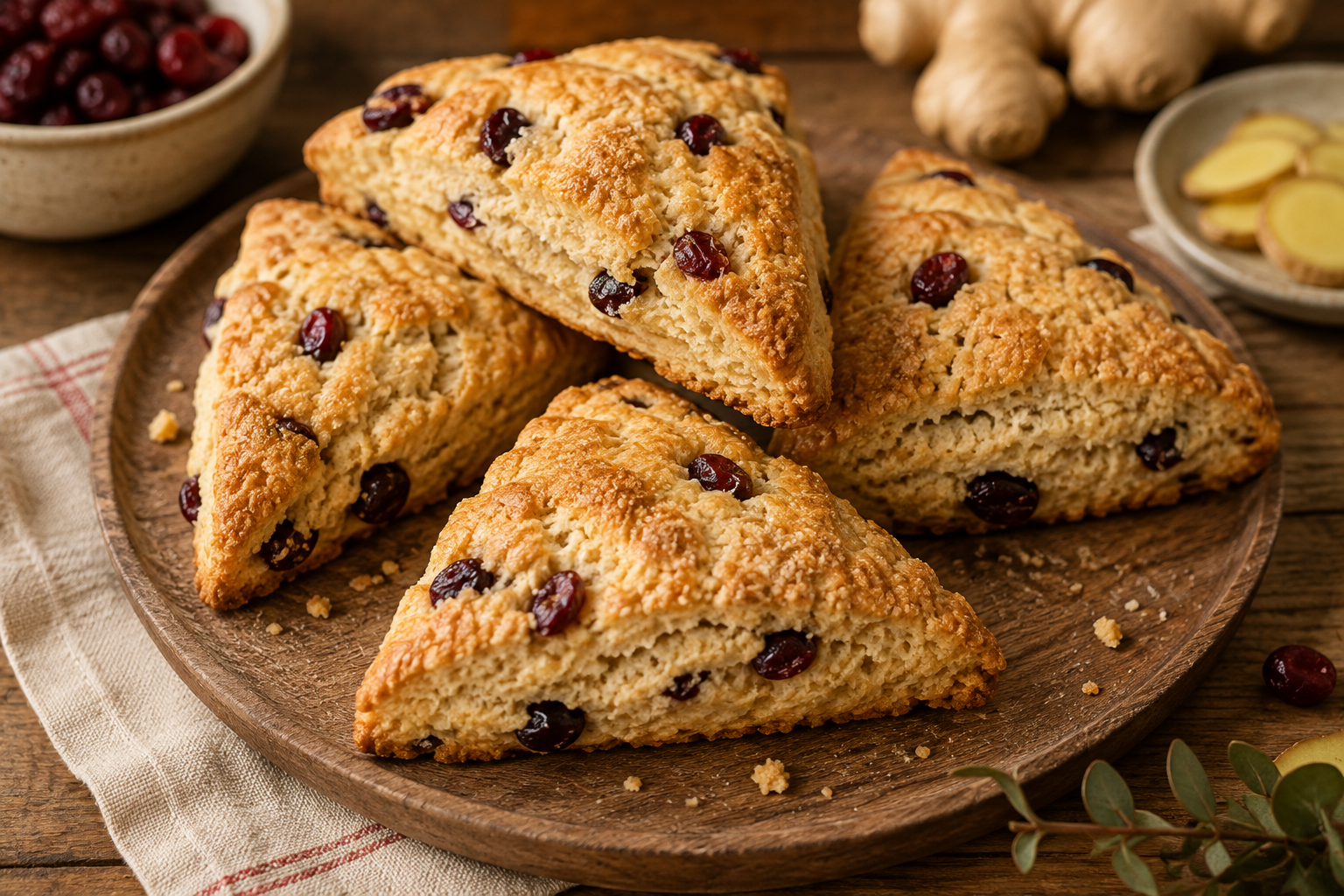 Freshly baked berry scones arranged on a rustic wooden table
